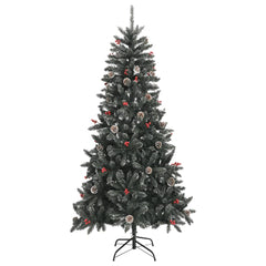 A 7ft green artificial Christmas tree with snow, pinecones, red berries, and hinged PVC branches on a metal stand.