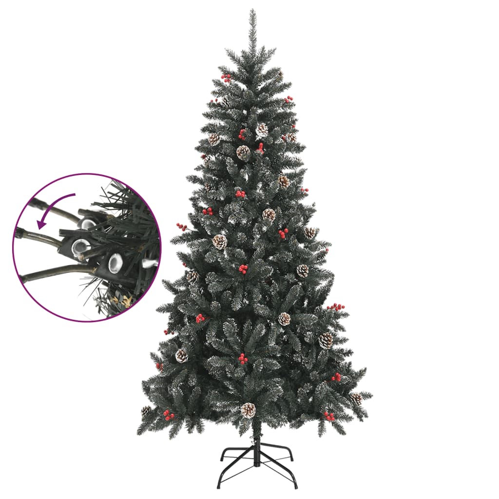 7ft green artificial Christmas tree with snow, pinecones, red berries, and hinged PVC branches on a metal stand.