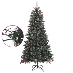 7ft green artificial Christmas tree with snow, pinecones, red berries, and hinged PVC branches on a metal stand.