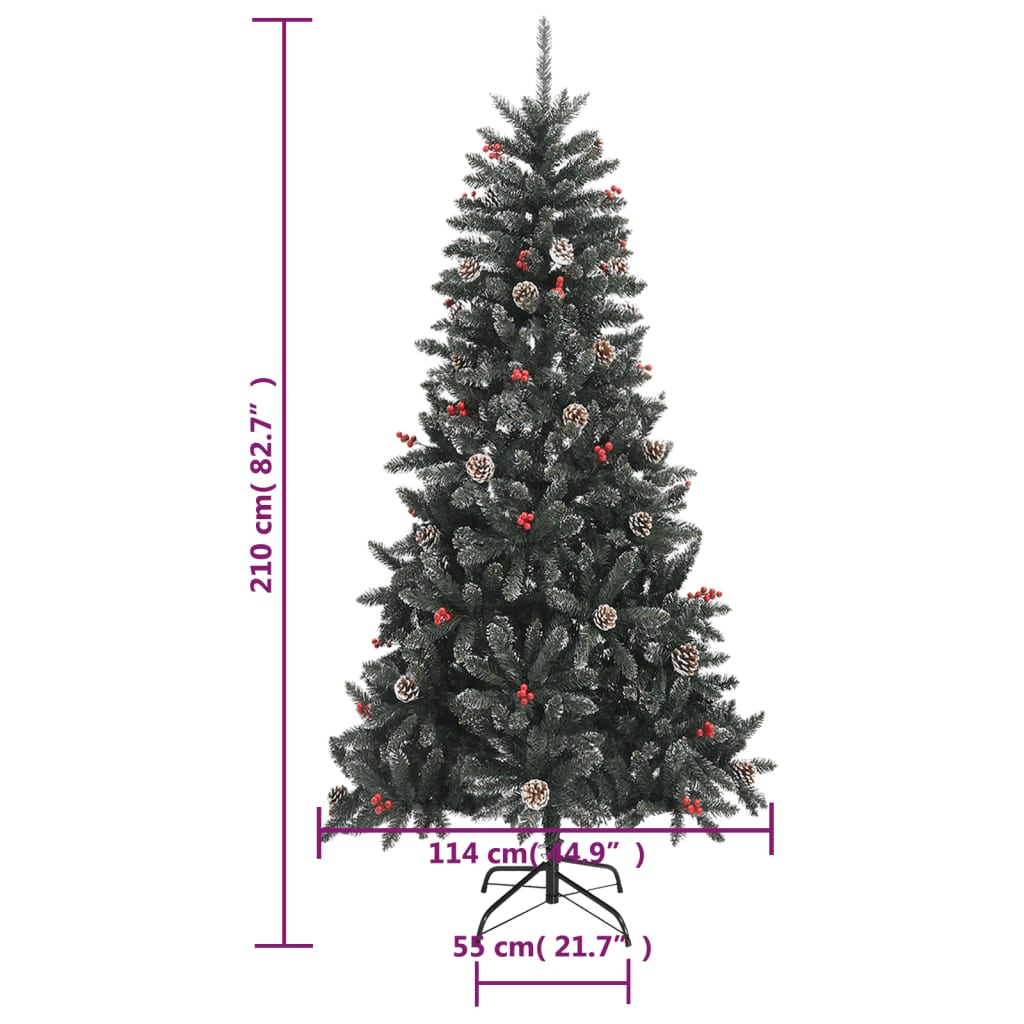 7ft green artificial Christmas tree with snow, pinecones, red berries, and dimensions shown.