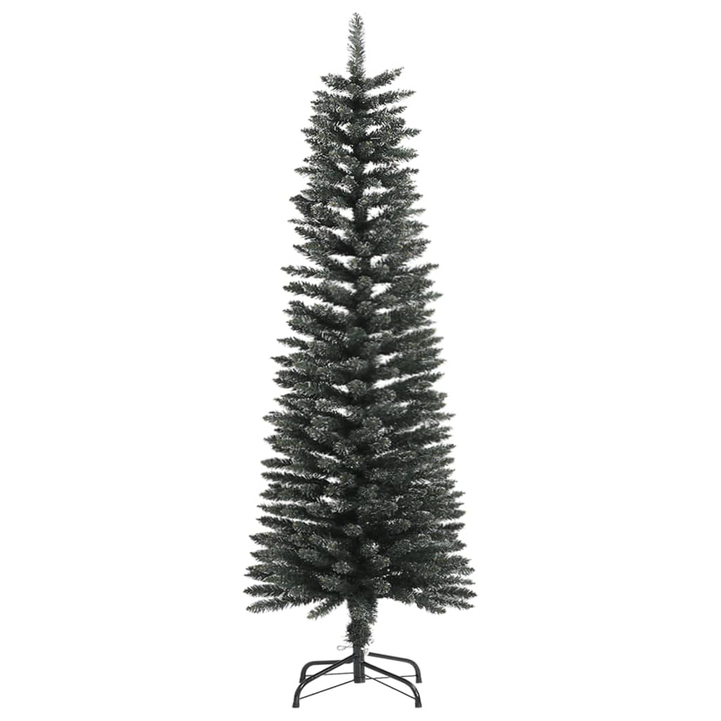 A 4-foot slim artificial Christmas tree in green PVC with snow-dusted tips on a black metal stand.