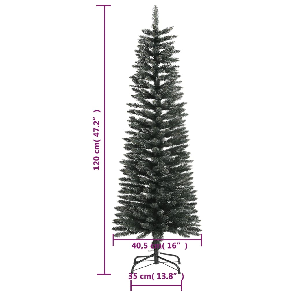 Slim 4 ft artificial Christmas tree with green PVC branches and snow-dusted tips on a metal stand.