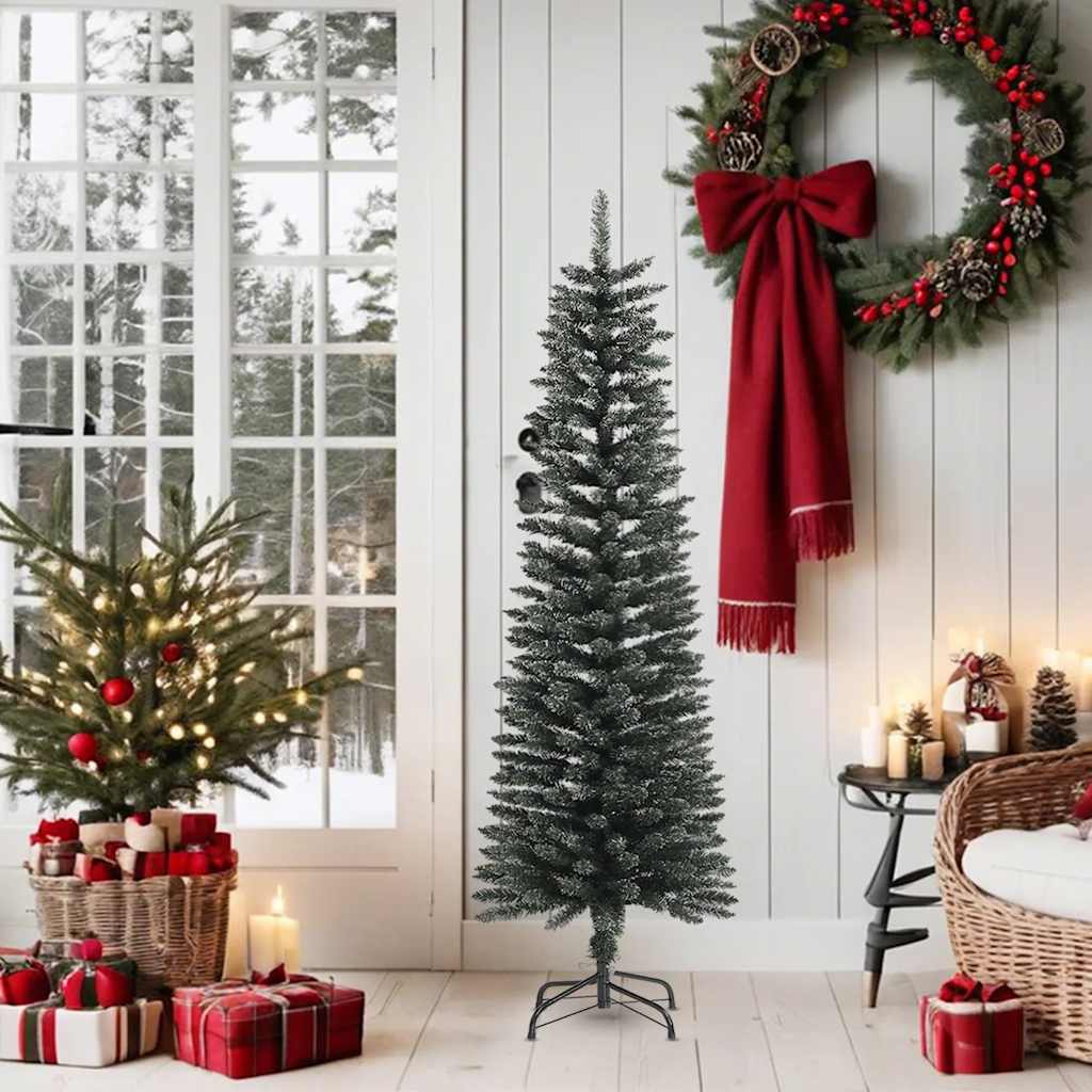 A 5 ft slim artificial Christmas tree with a stand, featuring green PVC tips.