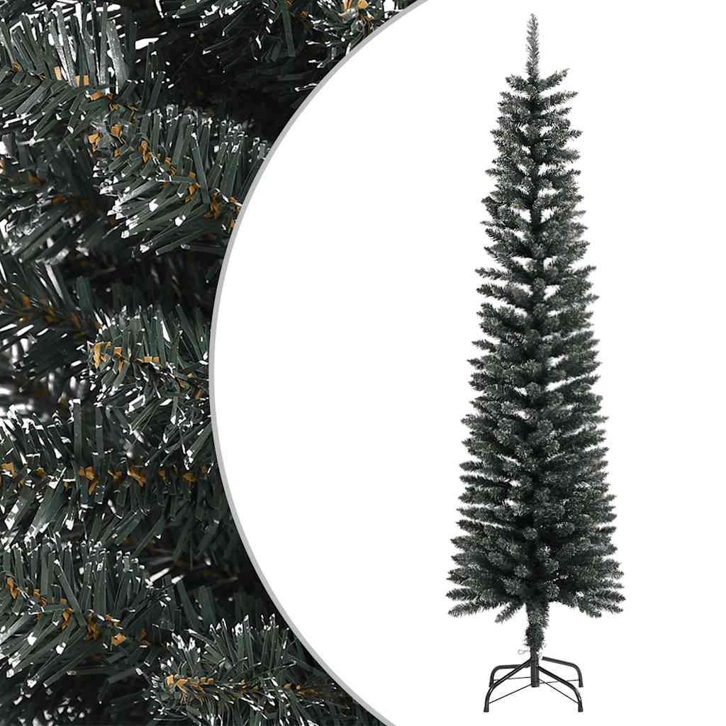 A 6 ft slim green PVC artificial Christmas tree with snow-dusted tips and metal stand.