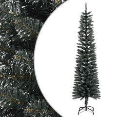 A 6 ft slim green PVC artificial Christmas tree with snow-dusted tips and metal stand.