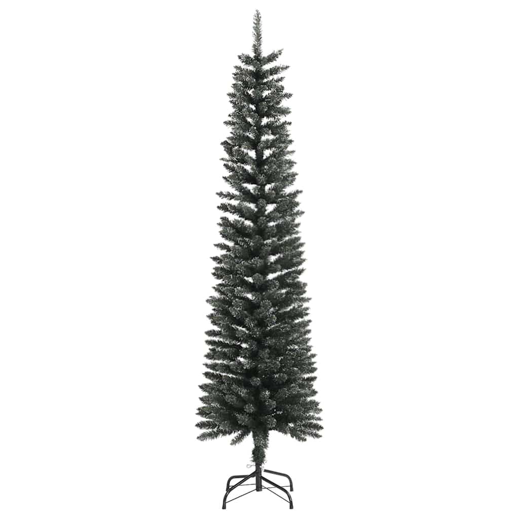 A 6 ft slim artificial Christmas tree with green PVC branches dusted with snow.