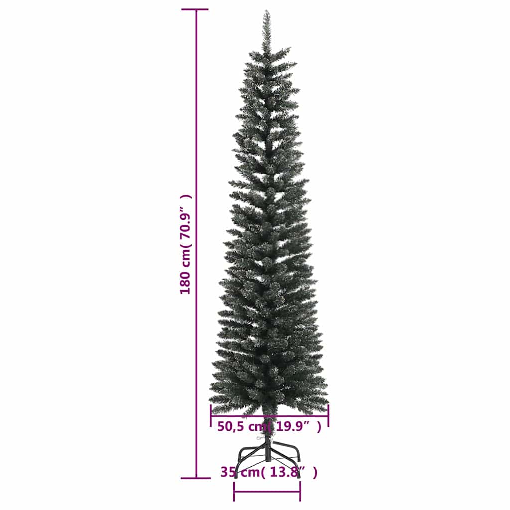 A 6 ft slim green PVC artificial Christmas tree with snow, shown with height and base dimensions.