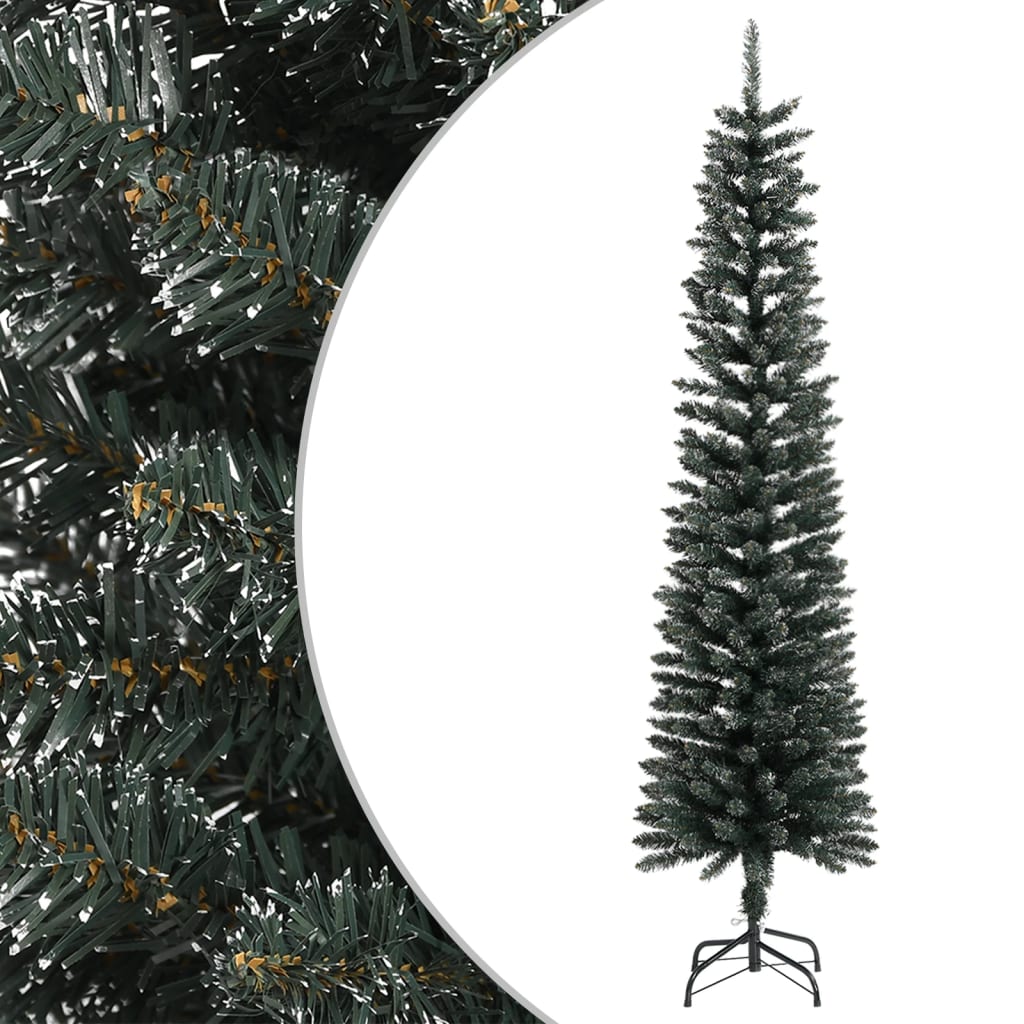 A 7ft slim green PVC artificial Christmas tree with snow tips and a black metal stand.