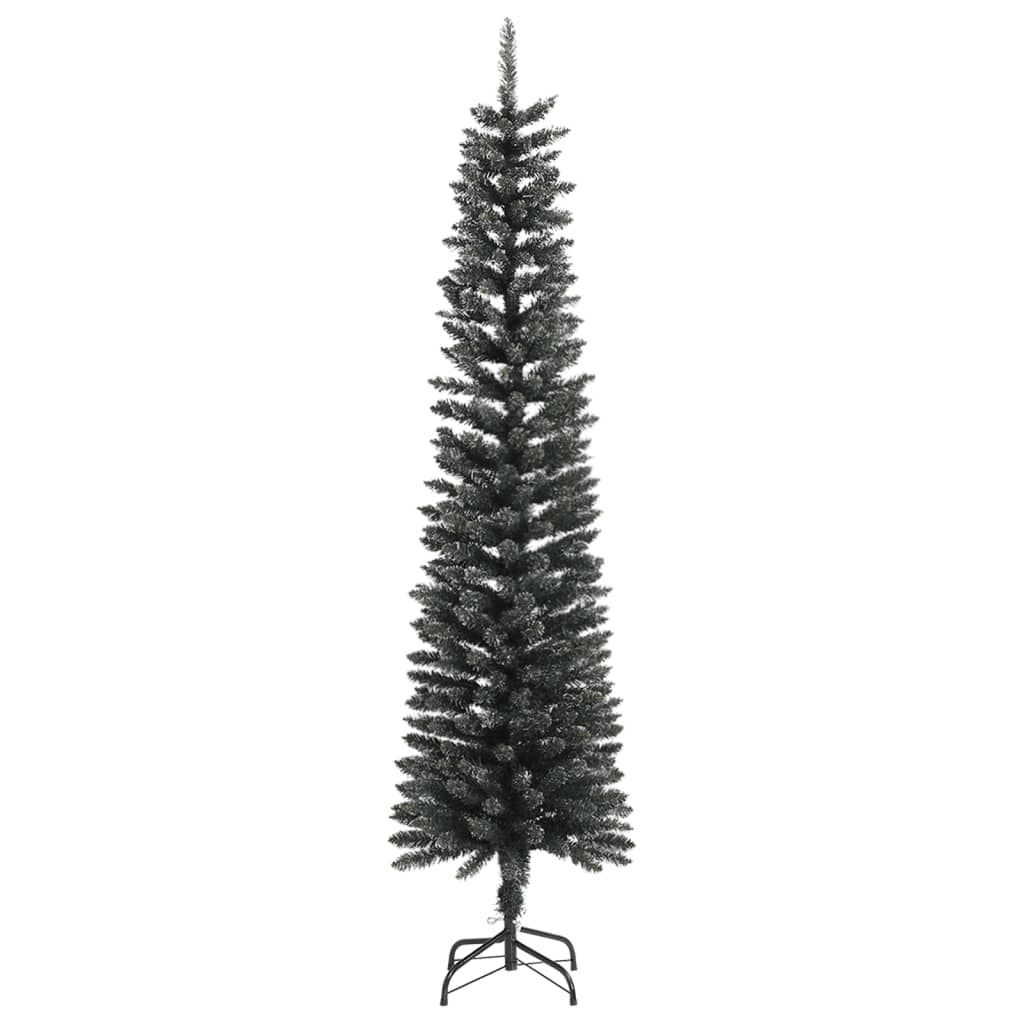 A 7ft slim artificial Christmas tree in green PVC with snow, on a metal stand.
