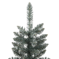 Slim 7ft green artificial Christmas tree with snow-dusted PVC branches and steel stand