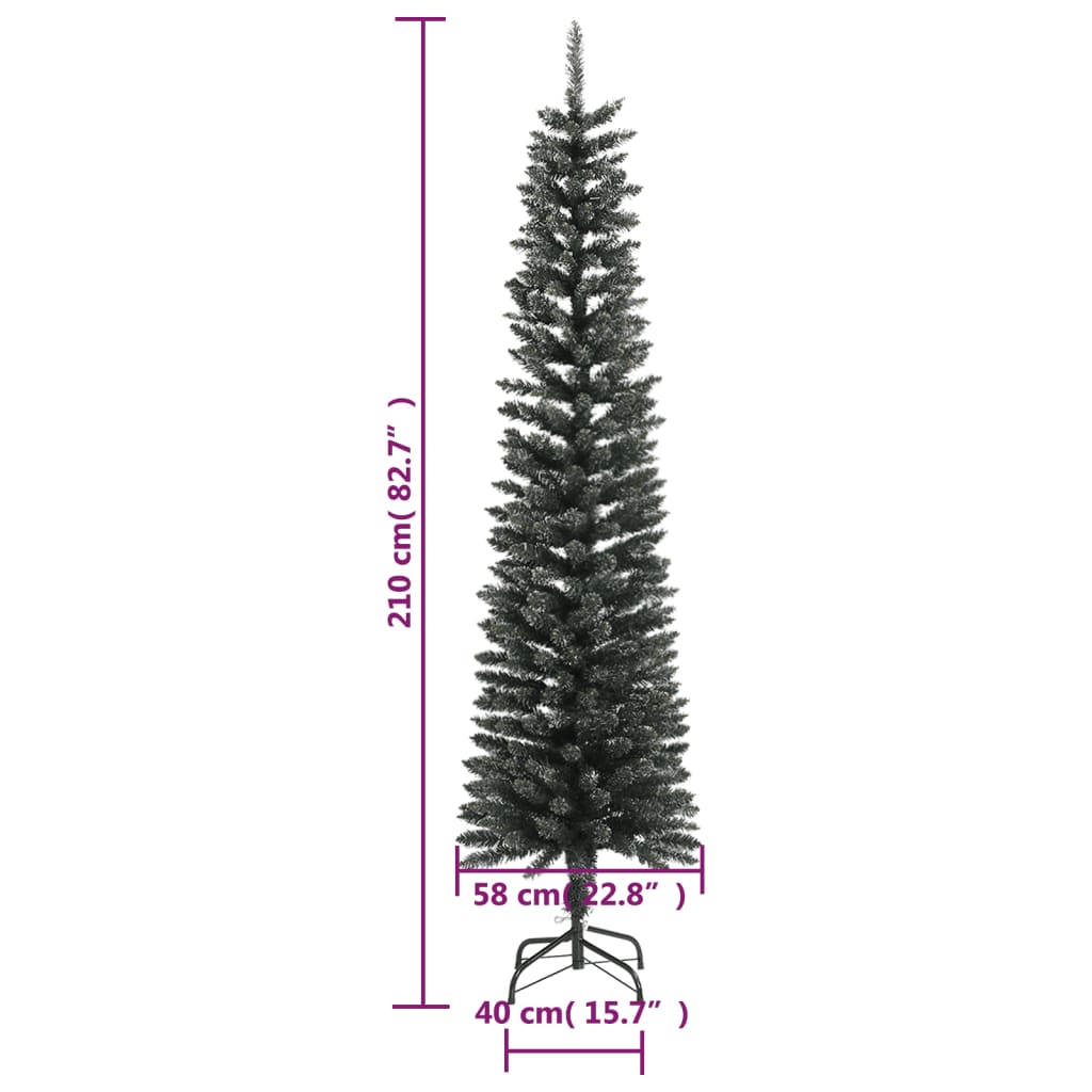 7ft slim green PVC artificial Christmas tree with snow, 82cm base, dimensions shown.