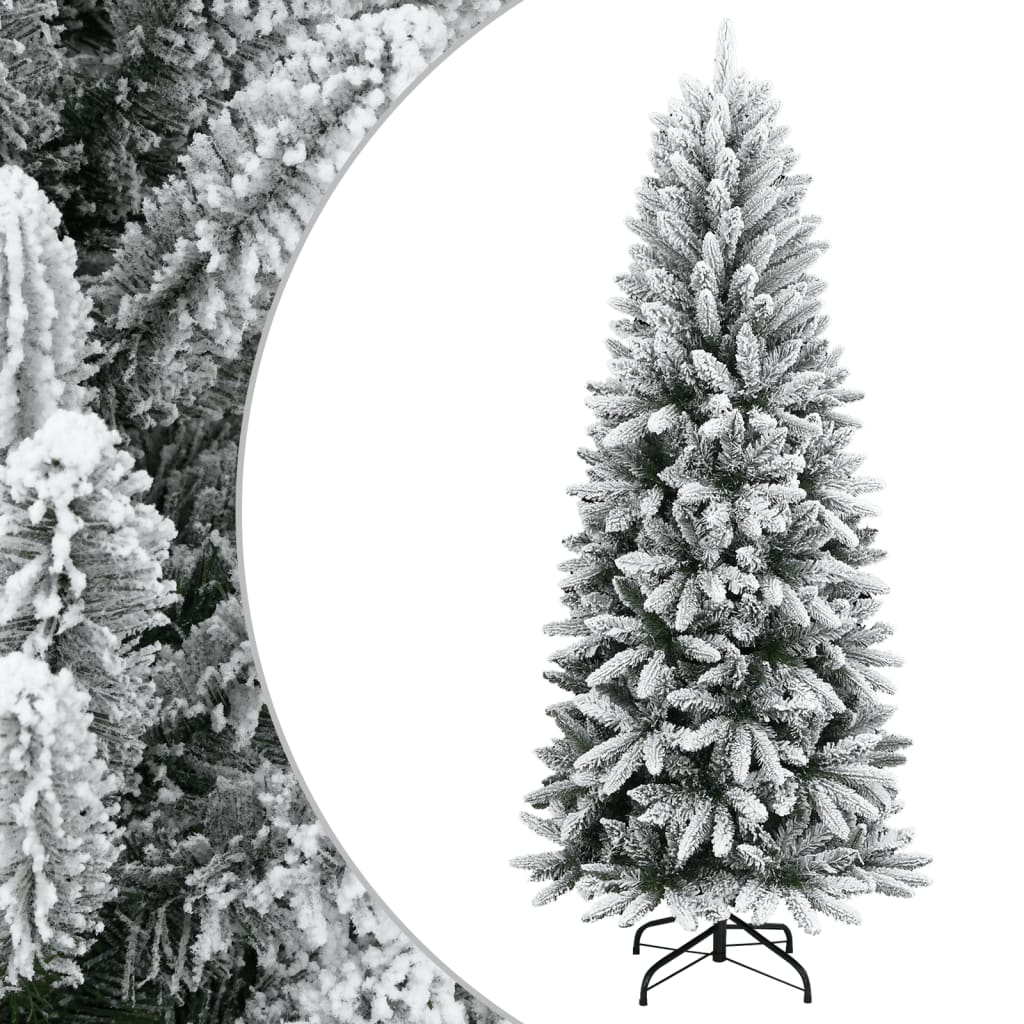 A 4ft flocked snow artificial Christmas tree with hinged branches and steel stand.