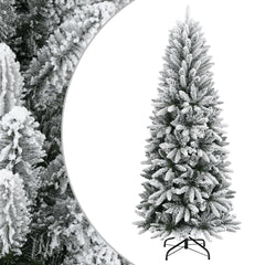 A 4ft flocked snow artificial Christmas tree with hinged branches and steel stand.