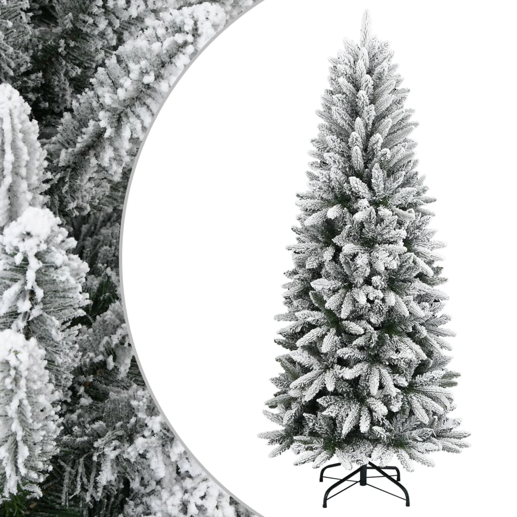 5ft artificial Christmas tree with flocked snow effect, PVC and PE materials, sturdy stand.