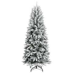 A 5ft flocked snow artificial Christmas tree with PVC and PE branches on a black stand.