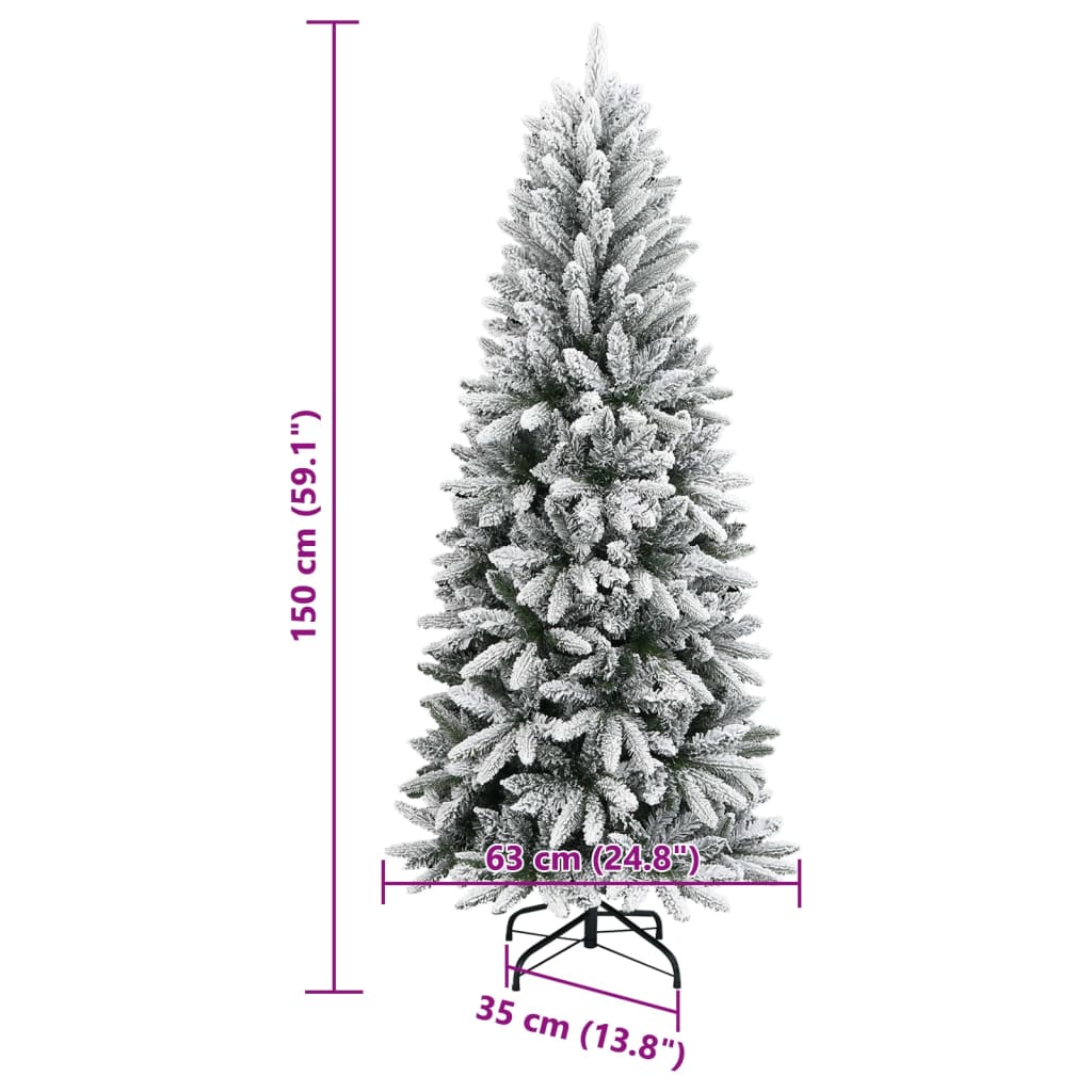 5ft flocked snow artificial Christmas tree with PVC and PE branches, 150cm tall and 63cm wide.