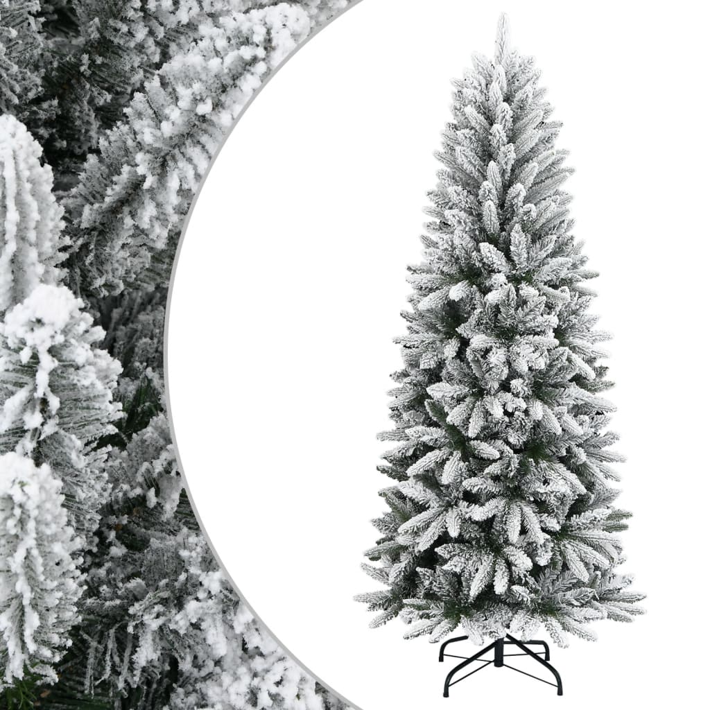 82.7-inch flocked snow artificial Christmas tree with PVC and PE branches on a black stand.