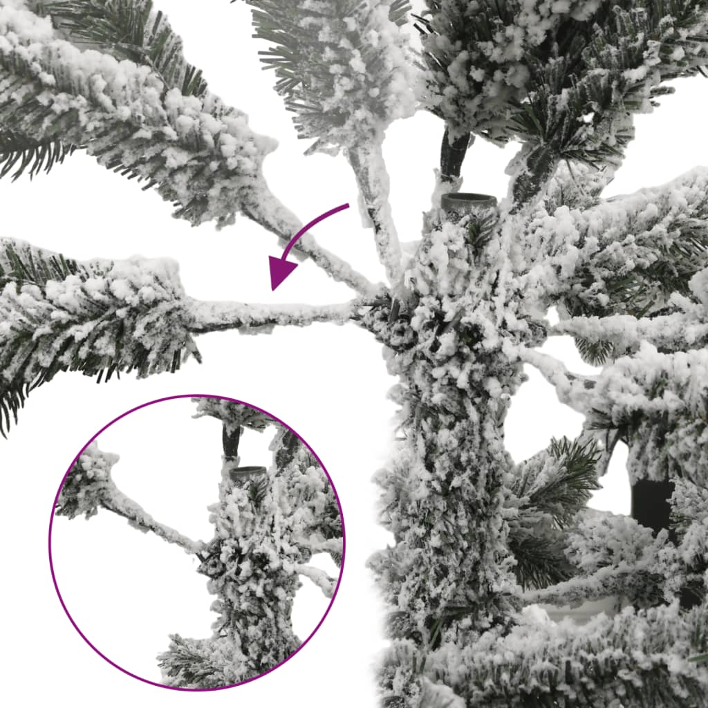 82.7-inch flocked snow artificial Christmas tree with PVC and PE branches, shown with assembly highlights.