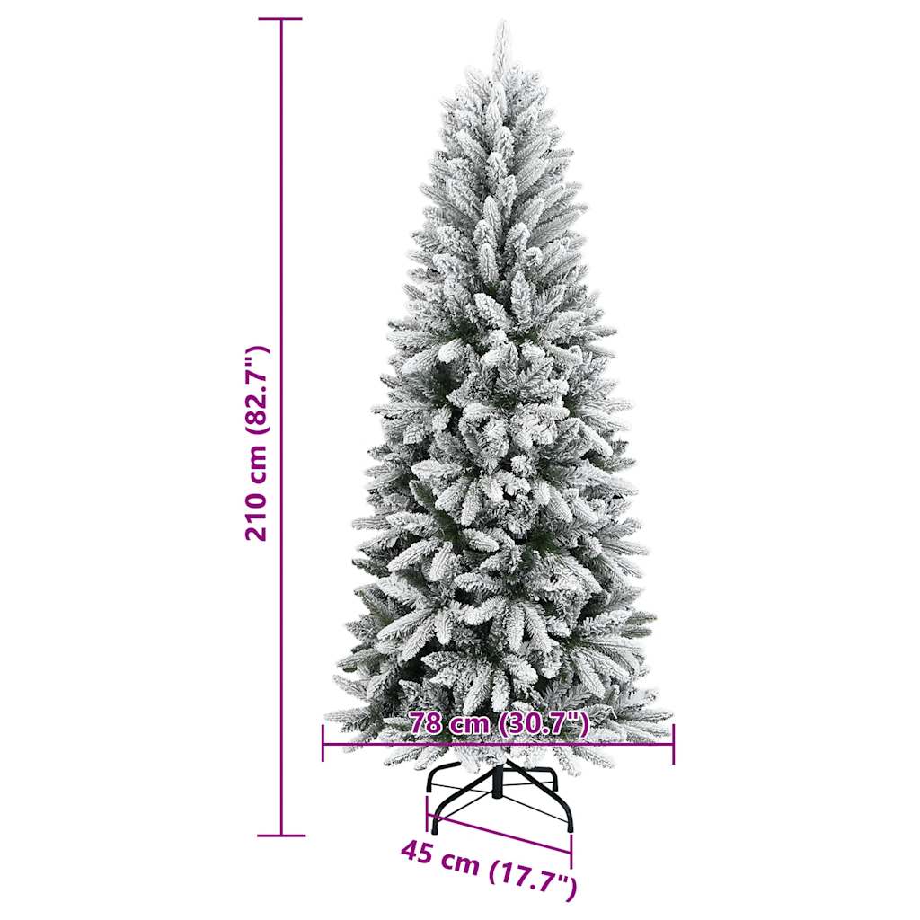 82.7-inch flocked snow artificial Christmas tree with PVC and PE branches on a stand.