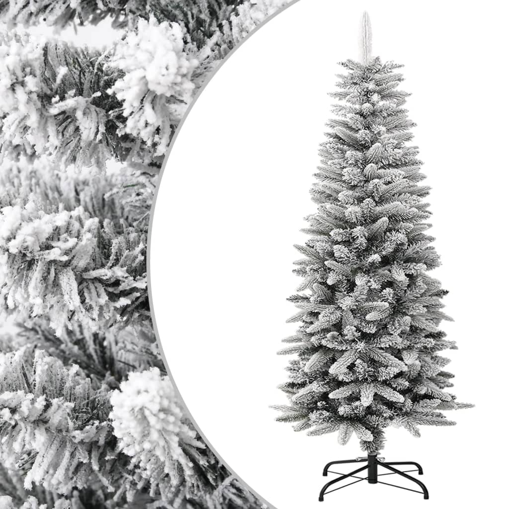 Slim 4 ft artificial Christmas tree with flocked snow and sturdy steel stand.
