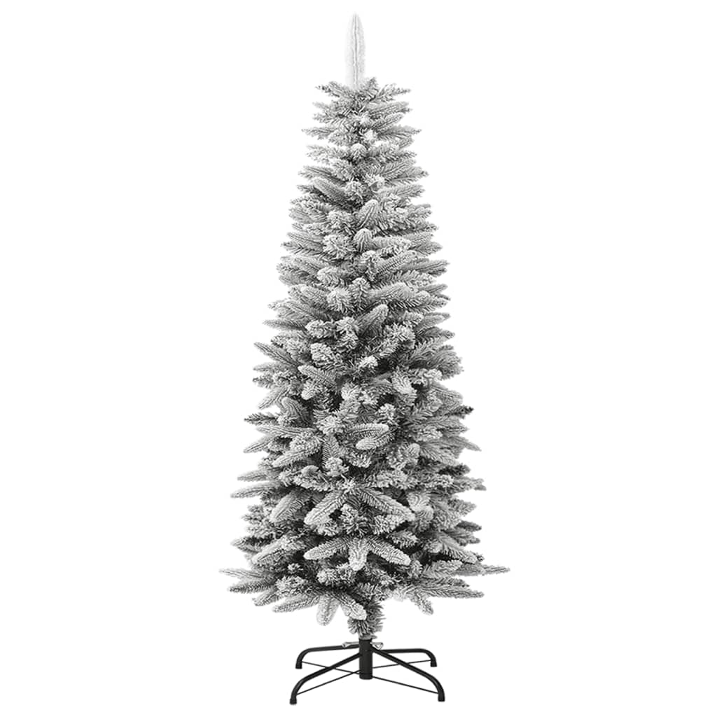 A 4 ft slim artificial Christmas tree with flocked snow effect on PVC and PE branches, on a steel stand.