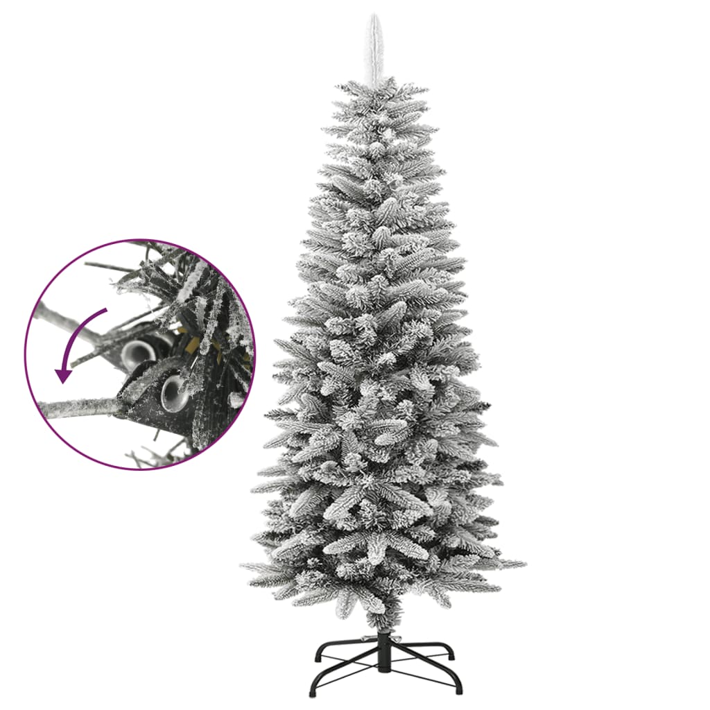 A 4 ft slim artificial Christmas tree with flocked snow effect on PVC and PE branches, shown assembled on a stand with assembly detail.