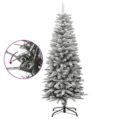 A 4 ft slim artificial Christmas tree with flocked snow effect on PVC and PE branches, shown assembled on a stand with assembly detail.