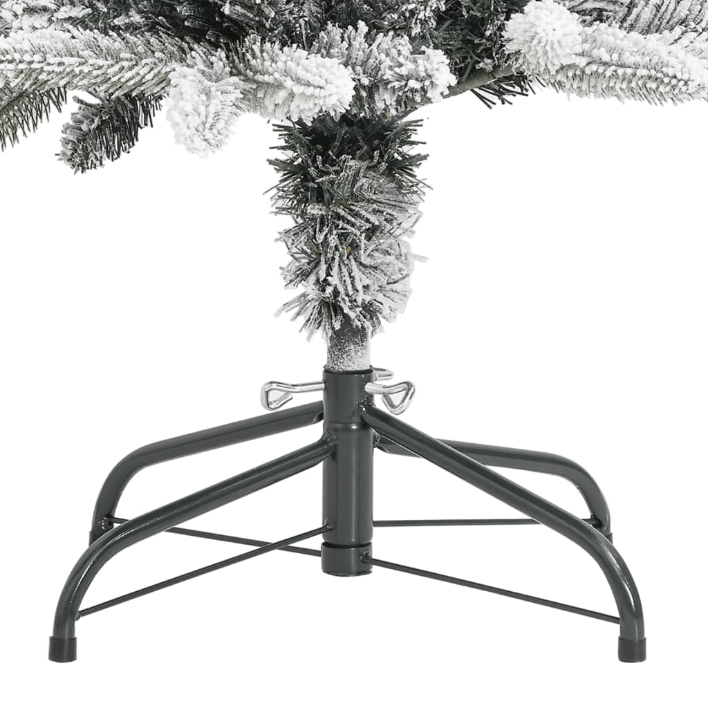 Slim 4 ft artificial Christmas tree with flocked snow and sturdy metal stand.