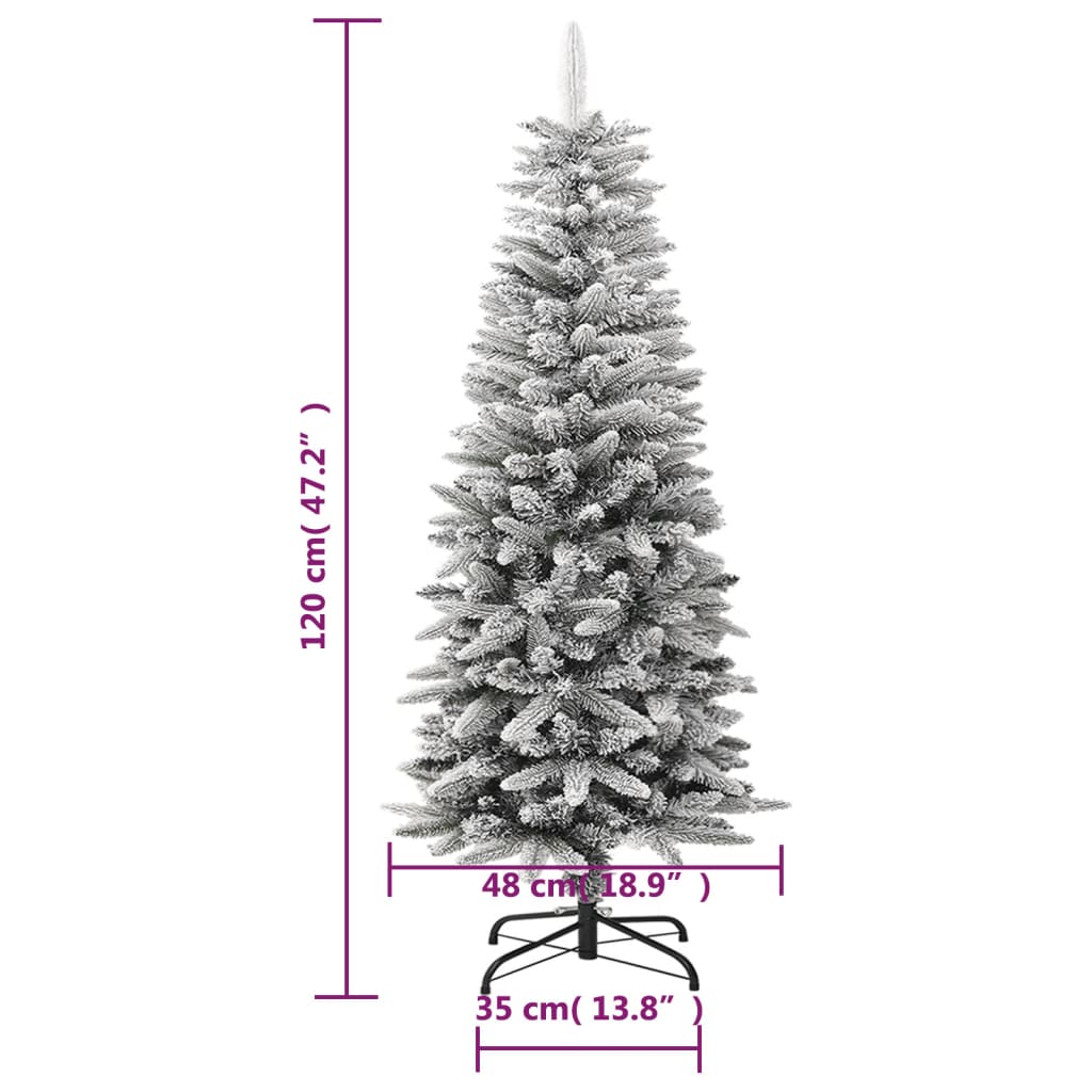 Slim 4 ft artificial Christmas tree with flocked snow and sturdy steel stand, 48 cm wide.