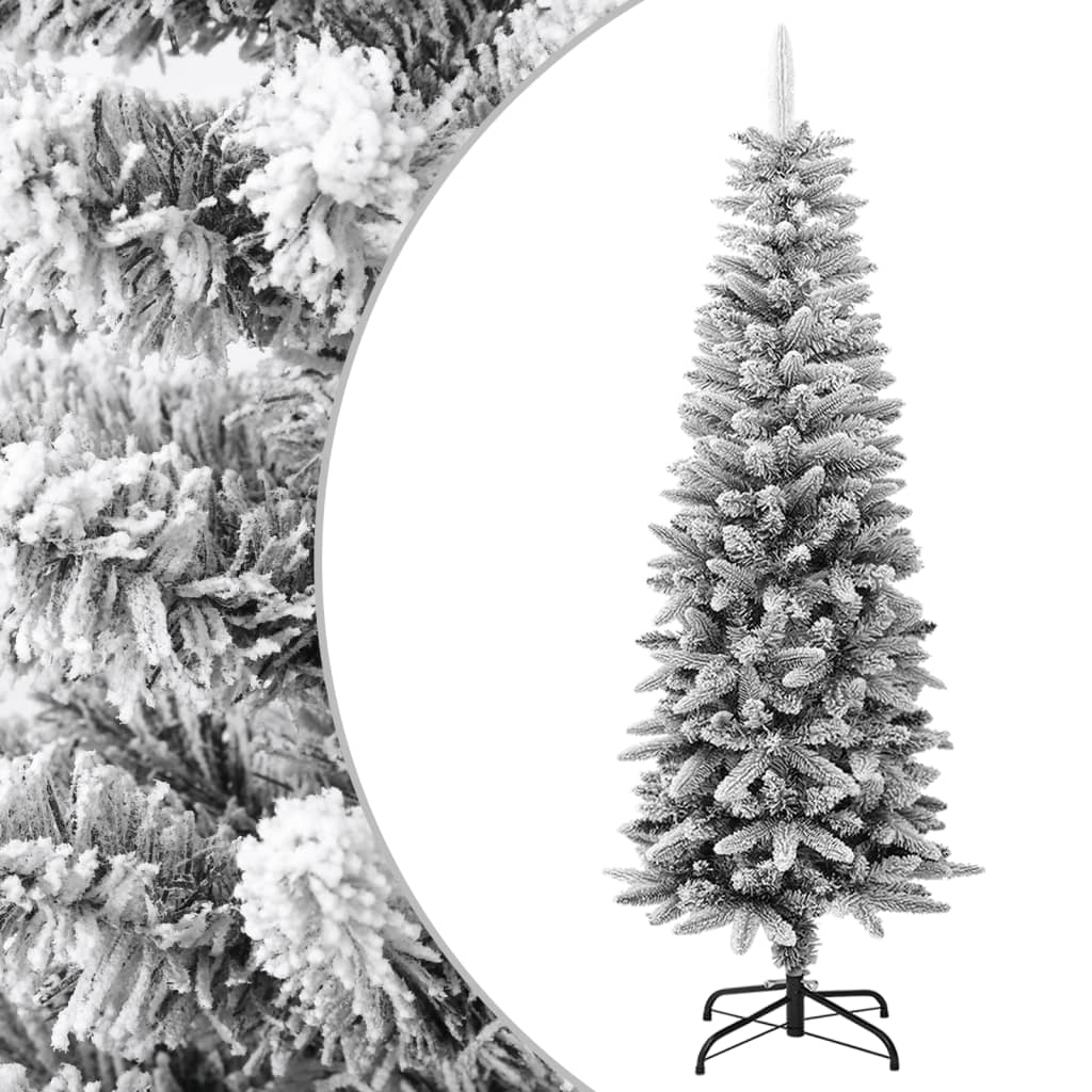 A 5 ft slim artificial Christmas tree with flocked snow PVC and PE branches on a metal stand.
