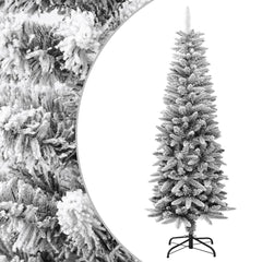 A 5 ft slim artificial Christmas tree with flocked snow PVC and PE branches on a metal stand.