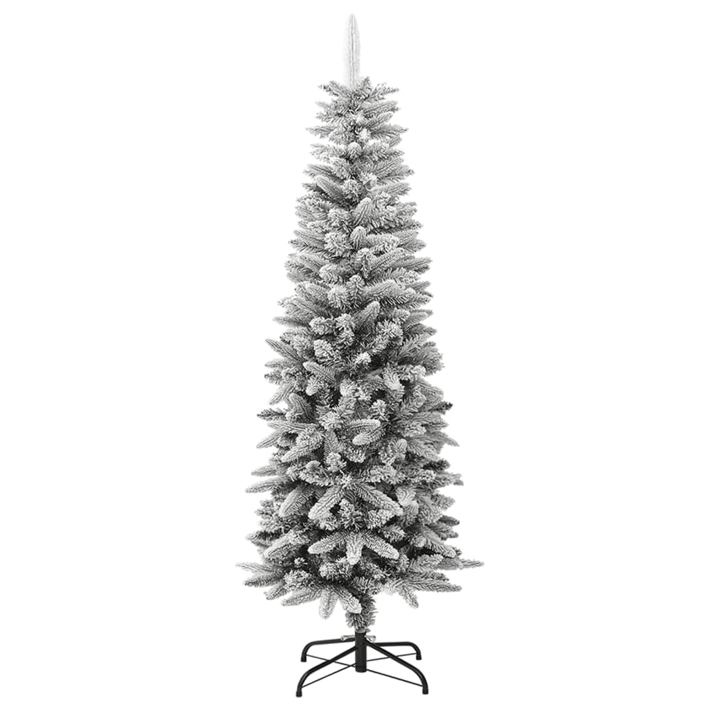 A 5 ft slim artificial Christmas tree with flocked snow PVC and PE branches on a black stand.