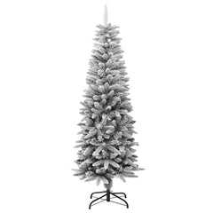 A 5 ft slim artificial Christmas tree with flocked snow PVC and PE branches on a black stand.