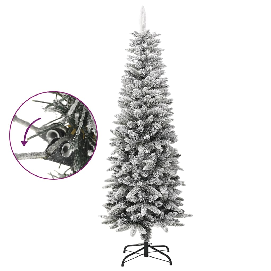 A 5 ft slim artificial Christmas tree with flocked snow PVC and PE branches on a black stand.