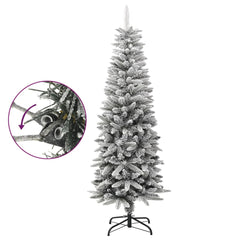 A 5 ft slim artificial Christmas tree with flocked snow PVC and PE branches on a black stand.