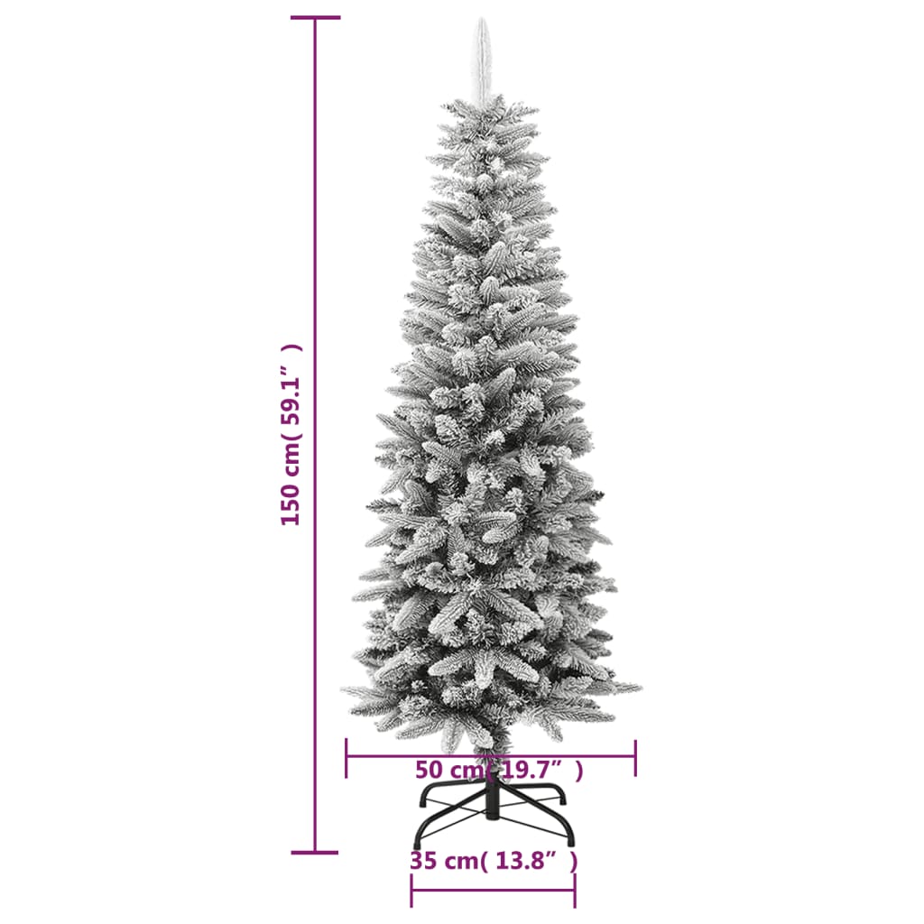 A 5 ft slim flocked artificial Christmas tree with snow-dusted PVC and PE branches, shown with height and base measurements.