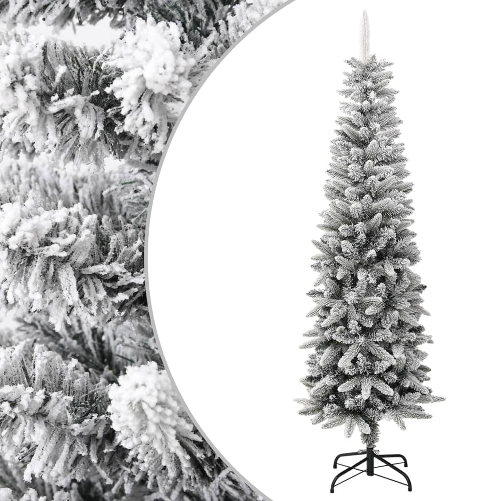 A 6ft slim flocked snow artificial Christmas tree with PVC and PE branches on a metal stand.