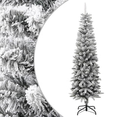 A 6ft slim flocked snow artificial Christmas tree with PVC and PE branches on a metal stand.