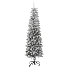 Slim 6ft artificial Christmas tree with flocked snow and narrow profile on metal stand
