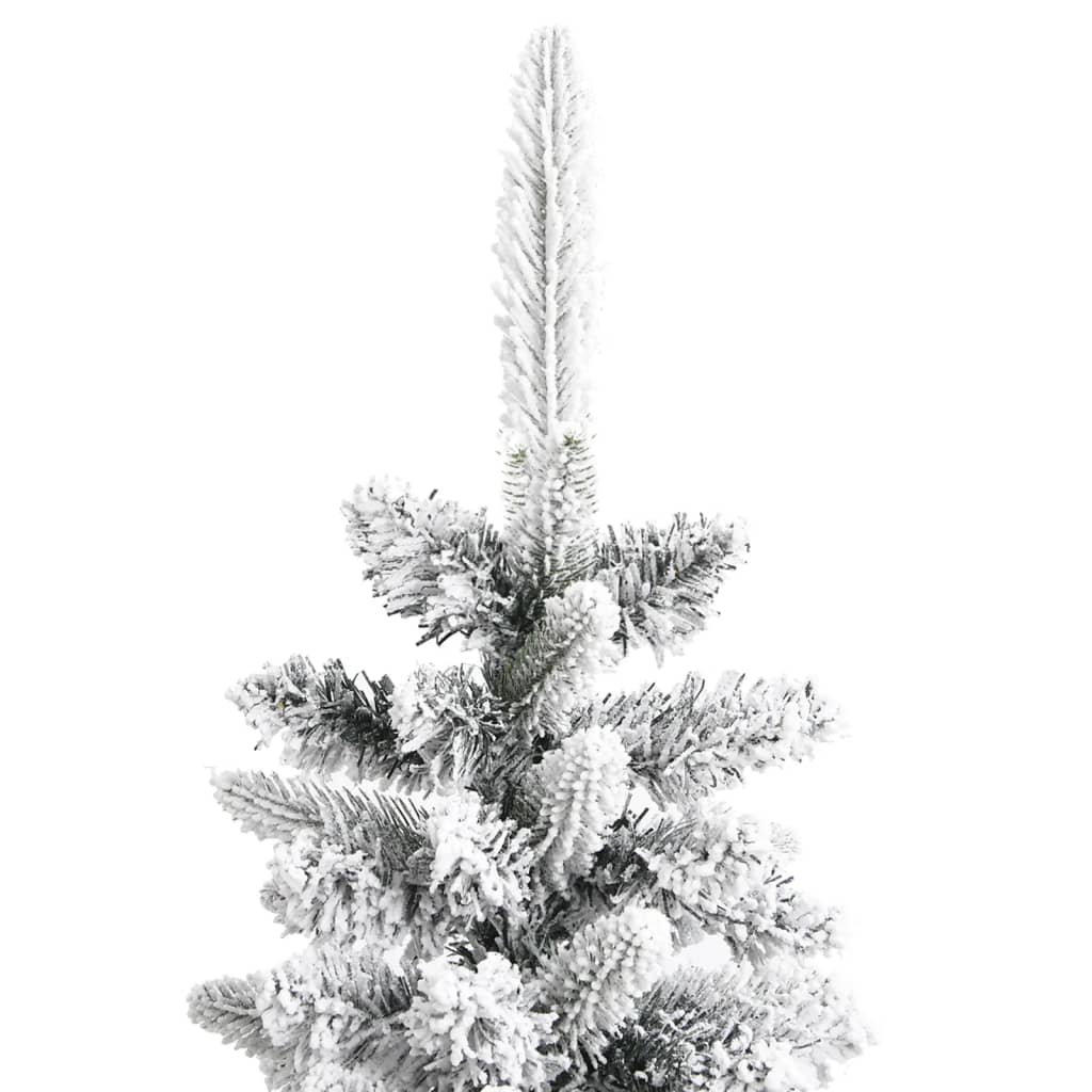 Slim 6ft artificial Christmas tree with flocked snow-covered branches and narrow profile