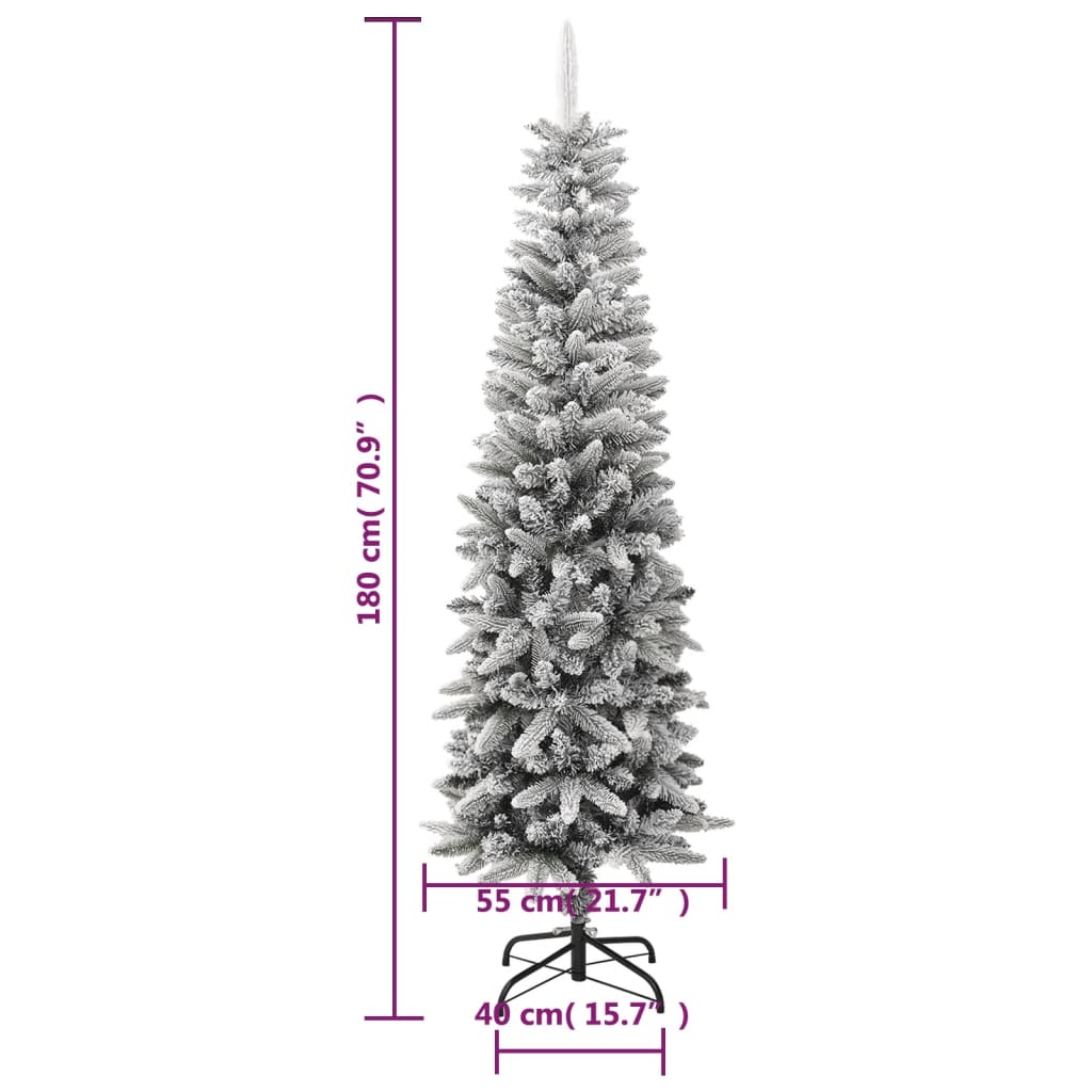 Slim 6ft artificial Christmas tree with snow flocking and narrow 2ft width on steel stand