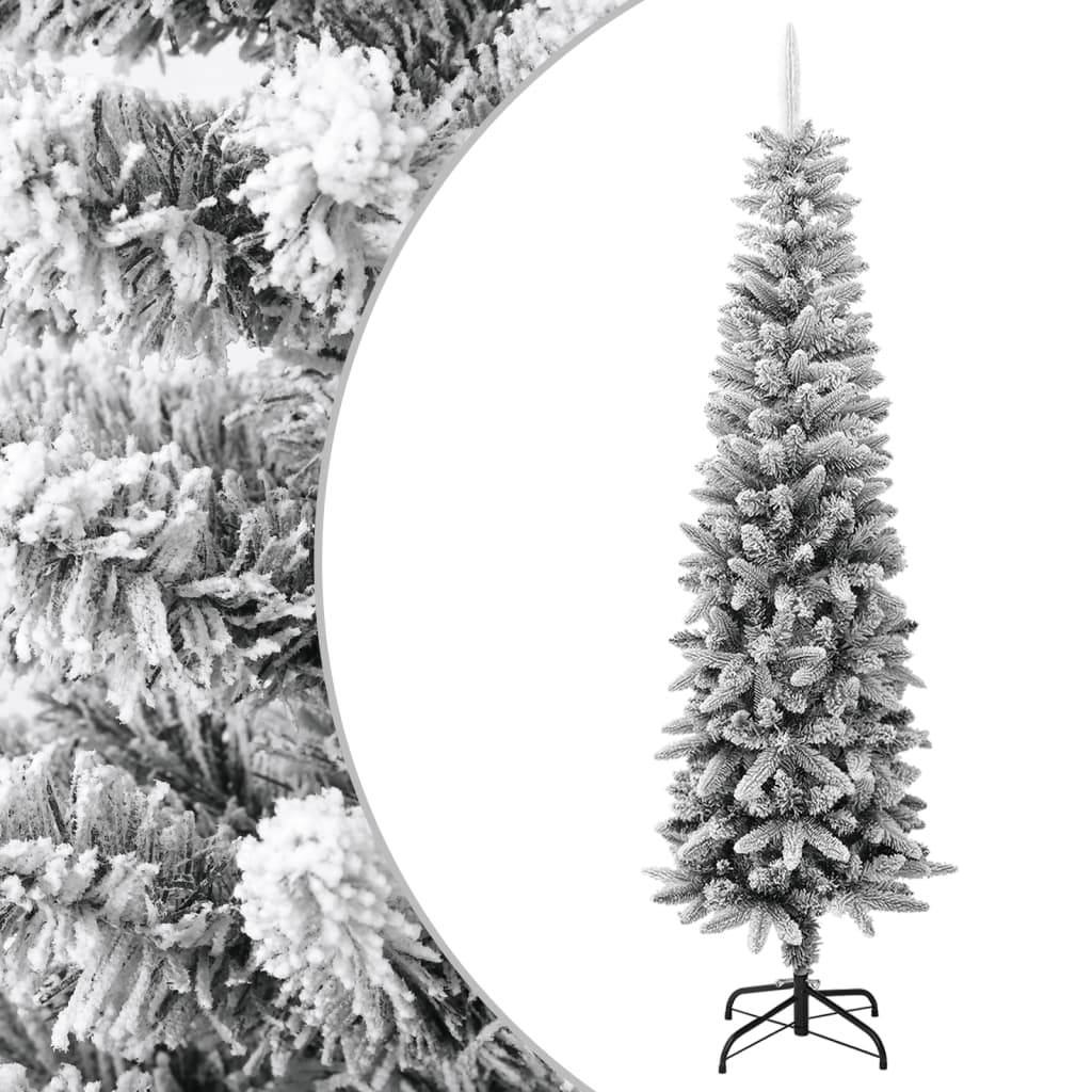 Slim 7ft artificial Christmas tree with flocked snow and sturdy steel stand.