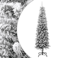 Slim 7ft artificial Christmas tree with flocked snow and sturdy steel stand.