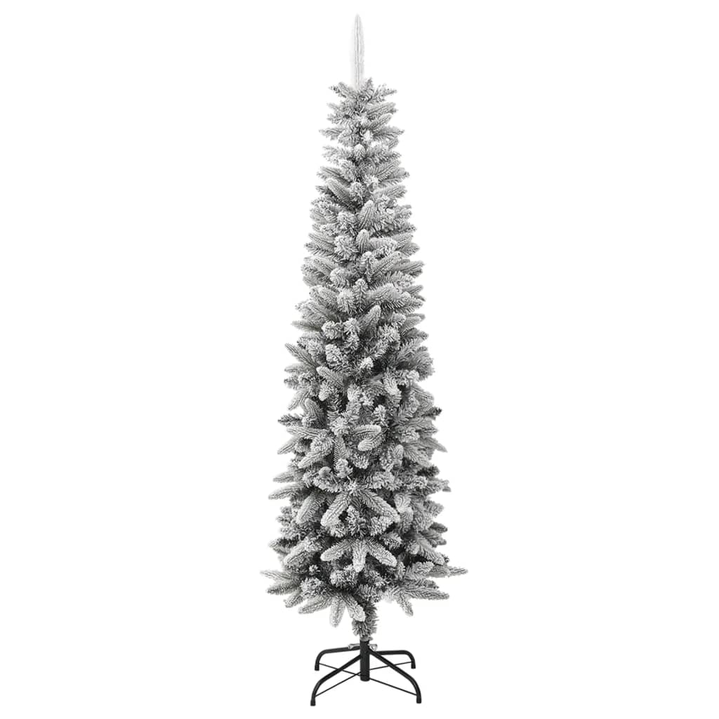 A 7ft slim artificial Christmas tree with flocked snow tips on PVC and PE branches, on a black metal stand.