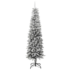 A 7ft slim artificial Christmas tree with flocked snow tips on PVC and PE branches, on a black metal stand.
