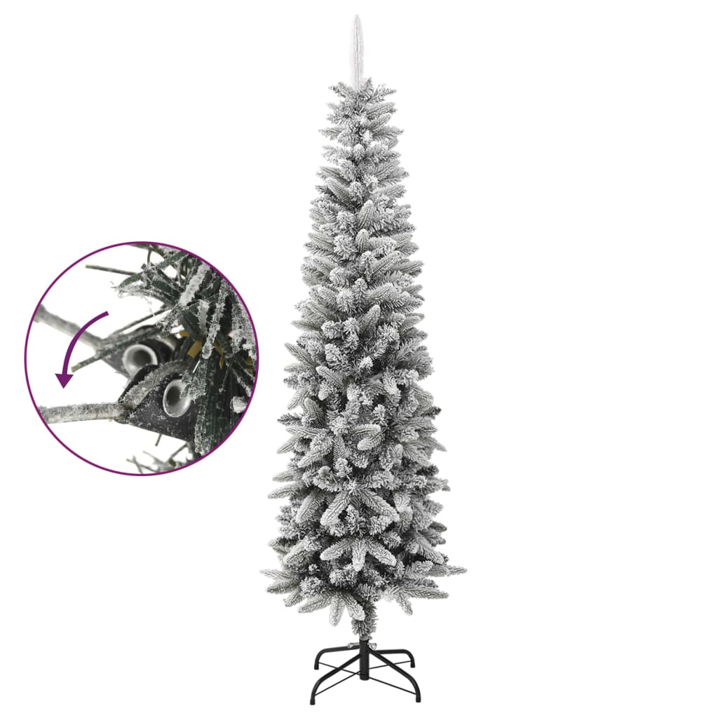 A 7ft slim artificial Christmas tree with flocked snow effect on PVC and PE branches, shown assembled on a stand with hinged sections.