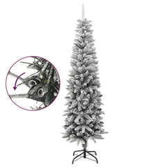 A 7ft slim artificial Christmas tree with flocked snow effect on PVC and PE branches, shown assembled on a stand with hinged sections.