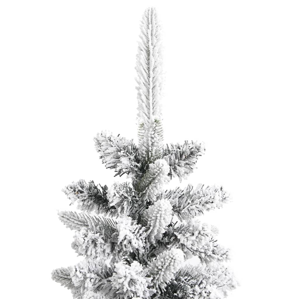 A 7ft slim artificial Christmas tree with flocked snow on PVC and PE branches.
