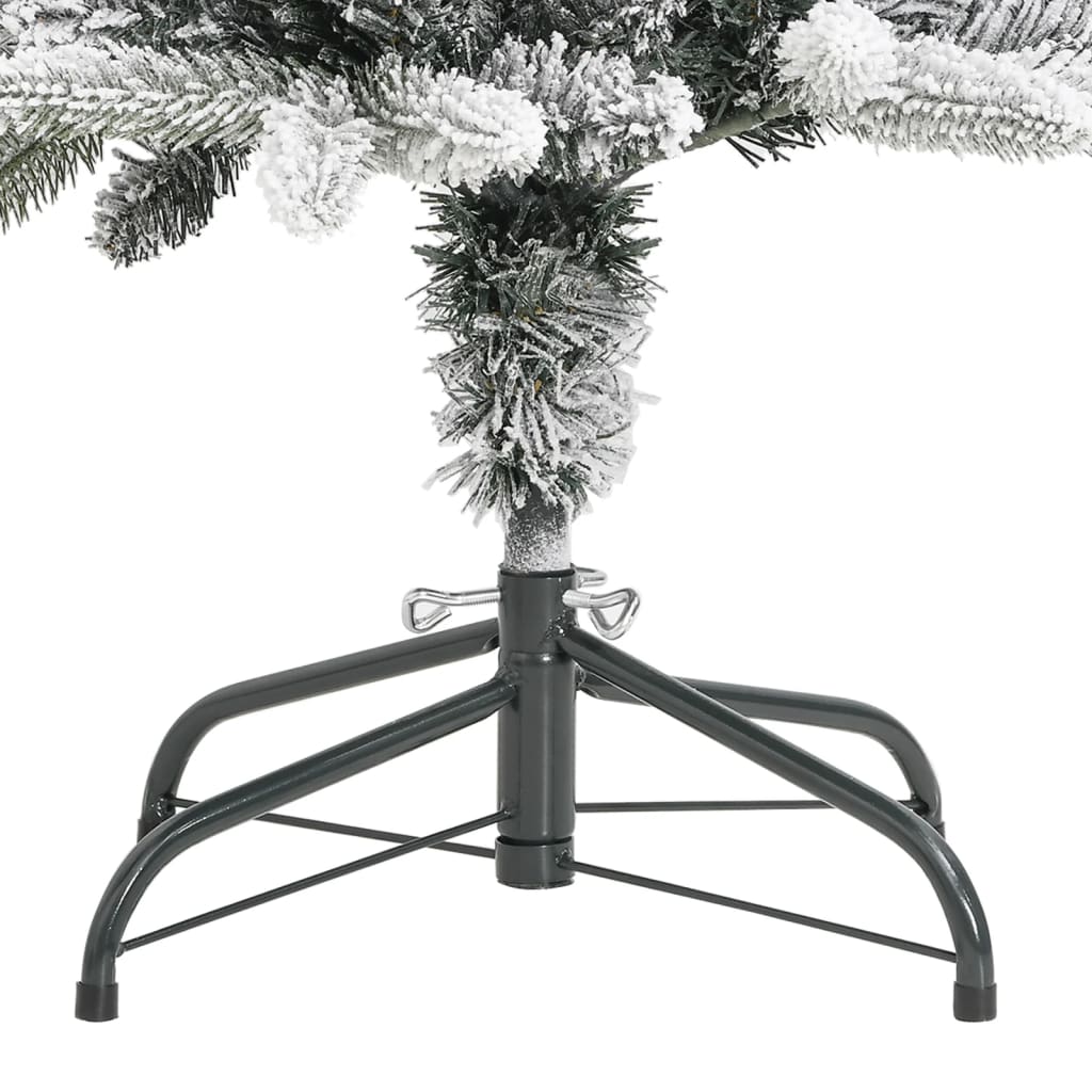 Slim 7ft artificial Christmas tree with flocked snow and sturdy metal stand.