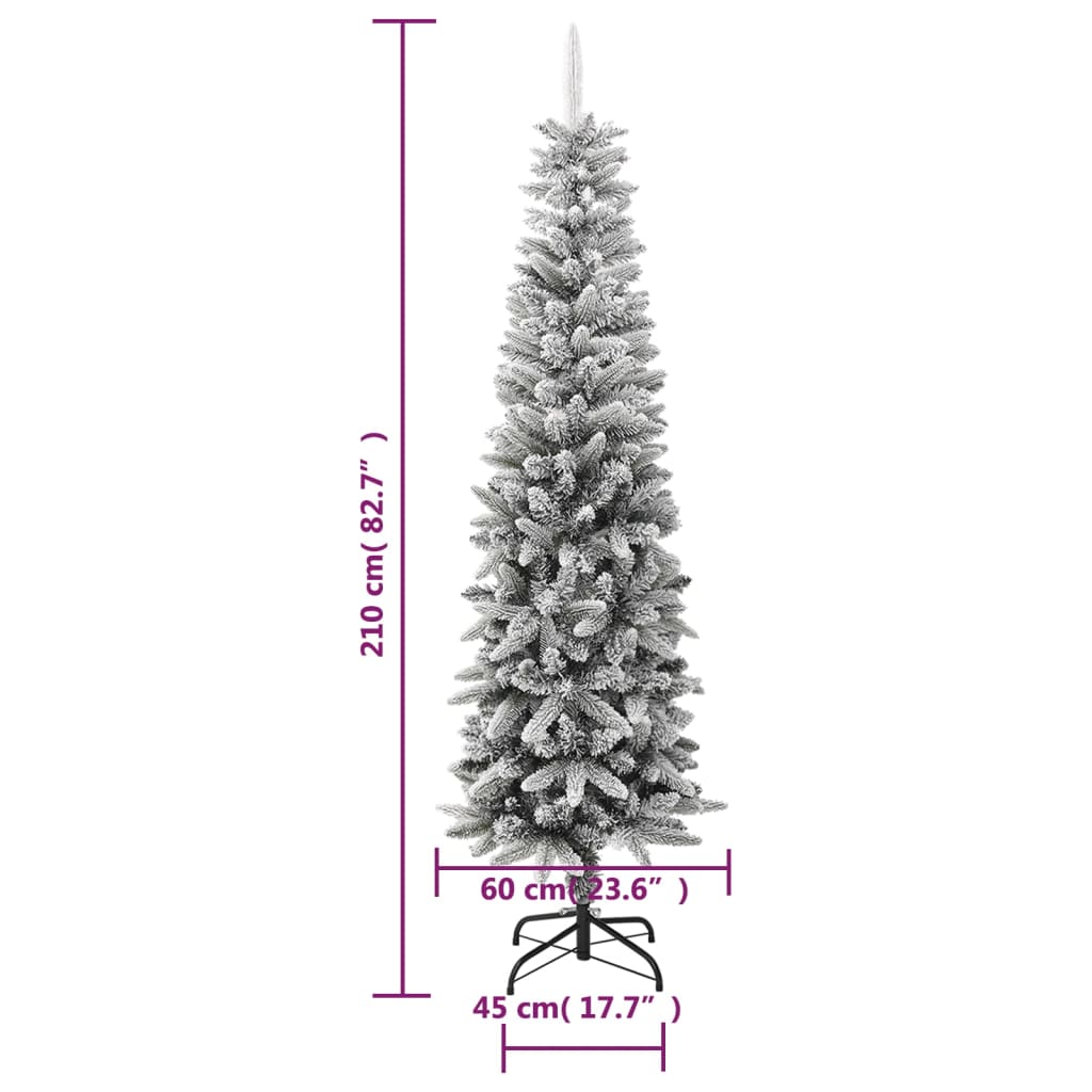 A 7ft slim flocked artificial Christmas tree with dimensions 210cm tall, 60cm wide, and 45cm base.